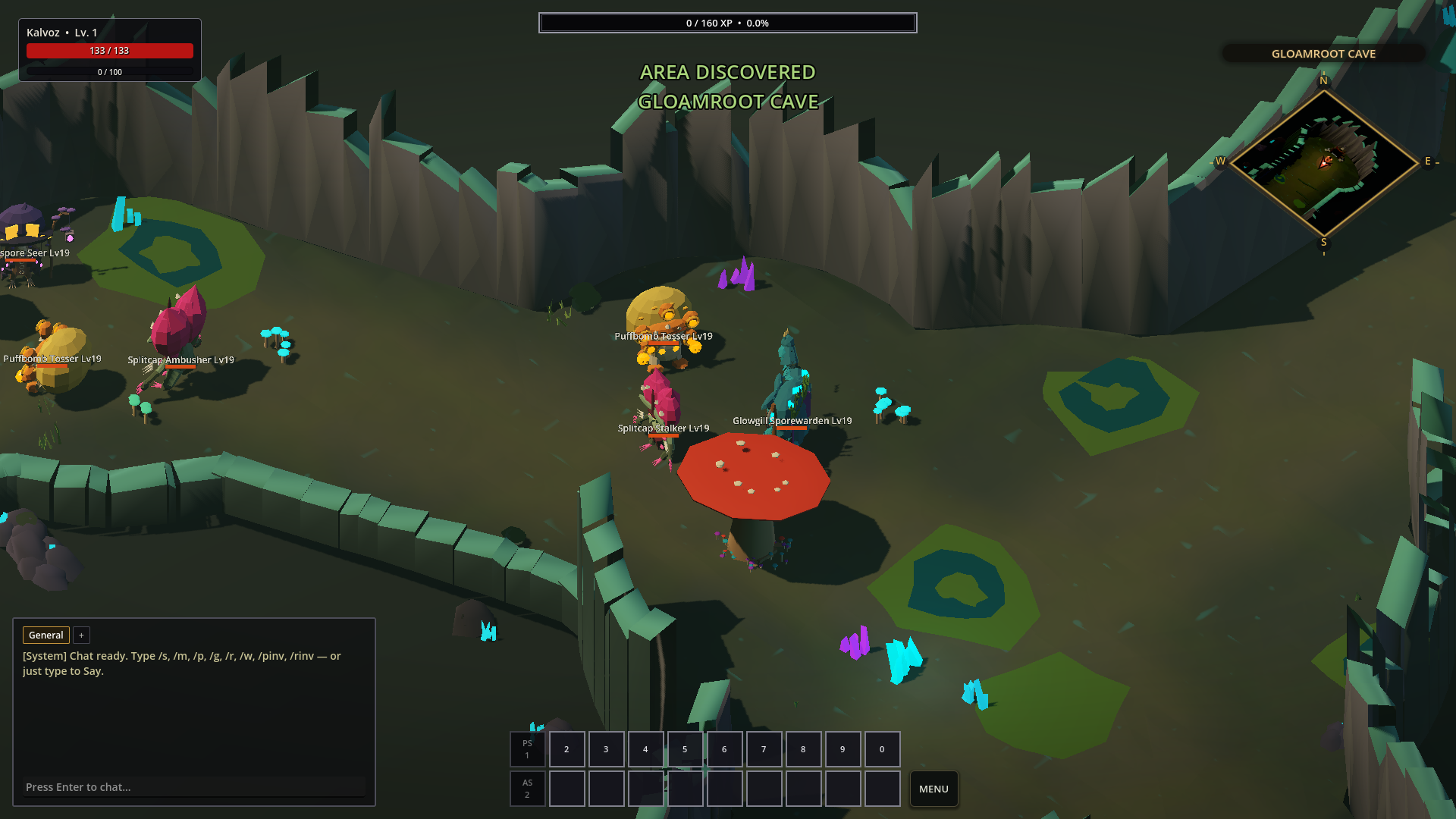 The green-lit Gloamroot Cave regional dungeon